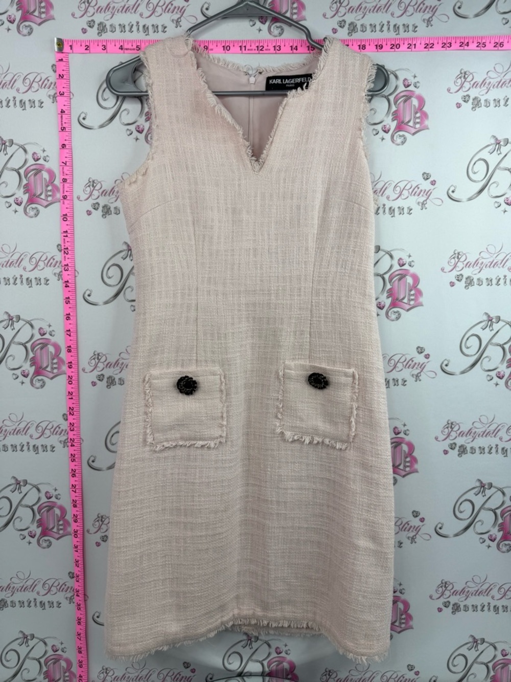 Karl Lagerfeld dress pink Blush Pink Tweed V-Neck Shift Dress buttons black